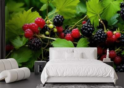 In the summer surrounded by the beauty of nature the garden is lush with green leaves and vibrant fruits like the healthy and organic red and black berries showcasing the natural growth and Wall mural