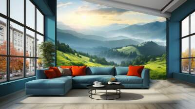 In the summer while traveling the captivating landscape with its lush green trees grass and forests against a backdrop of majestic mountains and a clear blue sky creates a stunning backgrou Wall mural