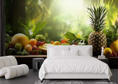 In the vibrant summer background surrounded by lush green nature a table adorned with tropical fruits like pineapple showcases the healthy natural and organic nutrition that Mother Earth pr Wall mural