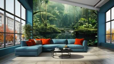 isolated tropical jungle a white ribbon of nature sprawled through the dense green forest adorned with vibrant colored leaves and filled with diverse animal species Exploring this enchantin Wall mural