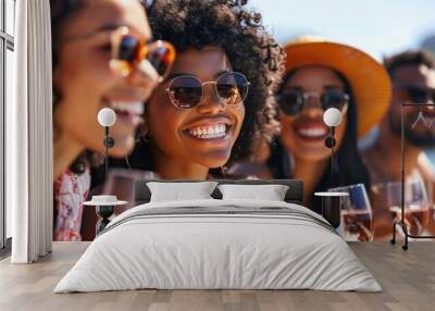 Joyful and varied group of friends relishing wine at an outdoor boat celebration, with a focused view on the face of the girl of African descent. Wall mural