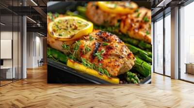 Lemon-infused grilled chicken served with asparagus on a dark platter. Wall mural