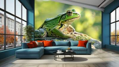 Lime-hued amphibian soaking up sunlight on a rock. Wall mural