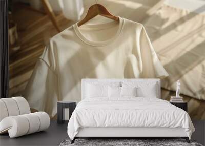 Mockup of a beige t shirt with a positive quote in unisex style PSD Wall mural