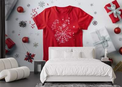 Mockup t shirt with Christmas theme and decorations on white background for New Year celebration Wall mural