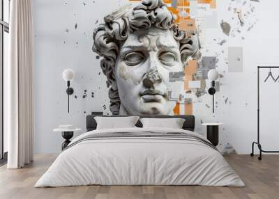 Modern artistic composition featuring old statue bust on white backdrop with abstract components Theme of innovation and expression through various media Wall mural