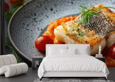 Modern interpretation of traditional fried cod fillet with fennel and tomato cream served on a Nordic-inspired plate featuring a blank space for text. Wall mural