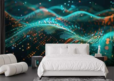 Moving particles in a digital backdrop and the visual representation of data flow in a three dimensional space Wall mural