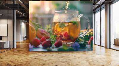 Pouring hot water into a glass during an herbal tea ceremony while savoring fresh fruits and tea in the morning. Wall mural