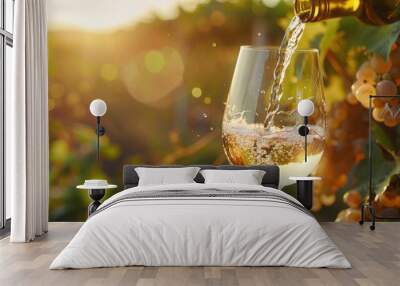 Pouring white wine into a wine glass against a sunny vineyard backdrop Winemaking theme with room for text Wall mural