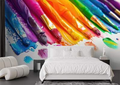 Rainbow tubes with colorful paint on white background Wall mural