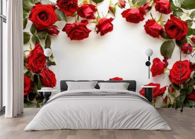 Red rose shrub frame on white background with text space Wall mural