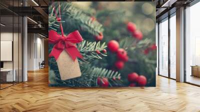 Retro toned Christmas decor with a red bow themed empty tag Wall mural