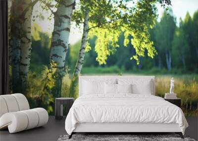 Rustic summer landscape with birch trees green foliage and copy space Wall mural