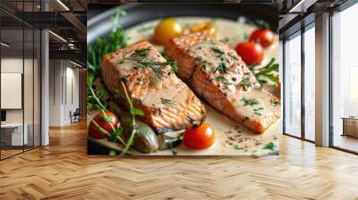 Salmon portions accompanied by rich cream sauce and fresh produce Wall mural