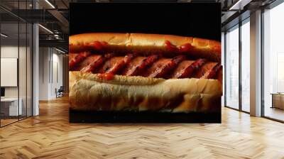 Sausage cooked by grilling, steaming, or boiling, nestled in a partially sliced bun, is a timeless hot dog treat. Wall mural