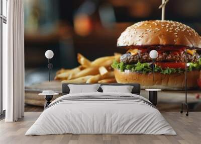 Savory beef burger and crispy fries served on a wooden platter with a blank area, focused shot. Wall mural