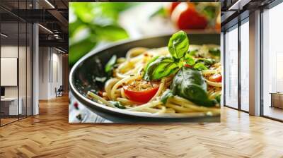 Savory pasta with aromatic basil and charred tomatoes Wall mural