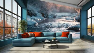 Scenic winter river with frosty crystals and ice formations dark and light contrast soft focus Wall mural