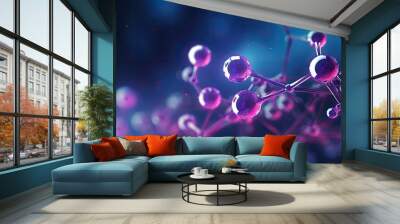 Scientific or medical banner showcasing molecular structure Science chemistry medicine and laboratory research represented by connected spheres on a purple blue background Wall mural