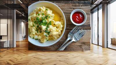 Scrambled eggs served with utensils and ketchup bowl Wall mural