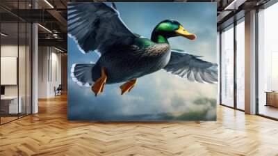 serene embrace of nature a graceful wild duck with vibrant green feathers soars through the sky its cute quacking filling the air embodying the captivating beauty of wildlife Wall mural