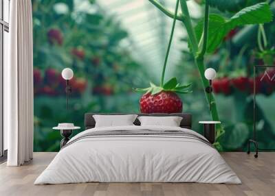 Single strawberry suspended from its stem in a greenhouse. Wall mural