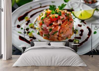 Sophisticated display of refined tuna tartare adorned with herbs and lime on a pristine white plate. Wall mural