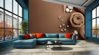 Spa themed flat lay on brown background with copy space Wall mural