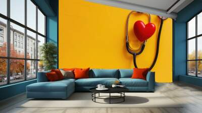 Stethoscope and heart shape on yellow background for heart health check concept Wall mural