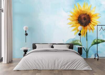 Sunflower with blank message card on blue watercolor background Wall mural