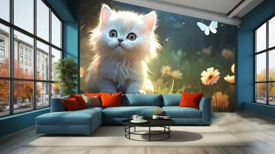 The abstract background design isolated in nature showcases a beautiful art illustration of a cute white cat and a cartoon butterfly creating a happy and whimsical digital composition Wall mural