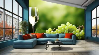 The background of the illustration is a beautiful isolated nature scene with lush green grass leaves and vibrant white fruit highlighted by a wine icon and a sleek design in shades of green Wall mural