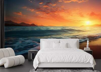 The beautiful sunset paints the sky with shades of orange and blue creating a breathtaking backdrop for the beach as gentle waves kiss the shore and the warm summer sun bathes the landscape Wall mural