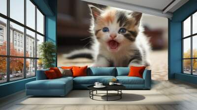 The Calico kitten is indoors on the carpet, licking its paw with one eye closed, and a red tongue sticking out. Wall mural