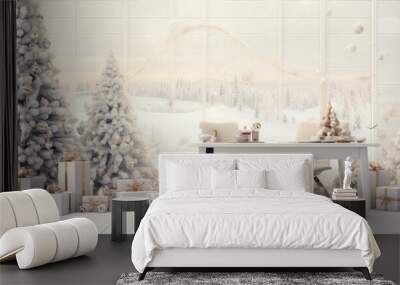 The design of the Christmas themed background on the white paper office incorporated a wooden table accompanied by a ribbon adorned tree creating a winter wonderland filled with warm light  Wall mural