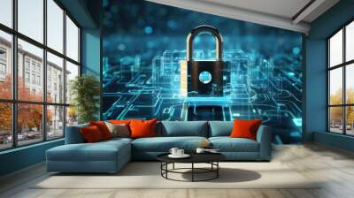 The digital concept of data security is depicted through an abstract hi tech background featuring a digitally generated image of a padlock in blue Wall mural