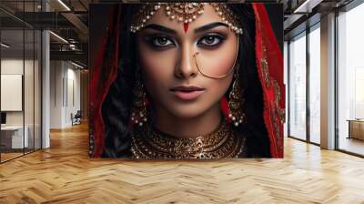 The young Indian girl adorned with intricate ornaments posed as a model for a stunning portrait showcasing the red hues in her flawless skin blending the beauty of fashion art and her capti Wall mural