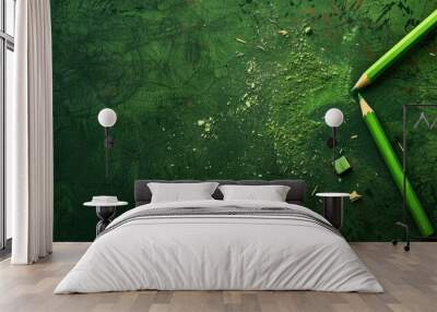 Top view of green surface with pencil and sharpener Wall mural