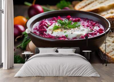 Top view of healthy chlodnik soup a beetroot and kefir dish from Polish Belarusian and Russian cuisine adorned with a sliced egg on a wooden board Wall mural