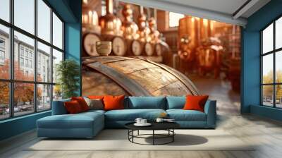 Traditional alcohol distillery concept with an old oak barrel containing bourbon whiskey Copper alambic and oak barrel in the backdrop Wall mural