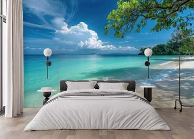 Tropical escape with white sandy coast and crystal blue waters Wall mural