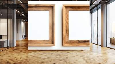 Two hardwood picture frames in a brown shade, showcasing symmetry and art on a beige background. The rectangular fixtures are a blend of tints and shades Wall mural