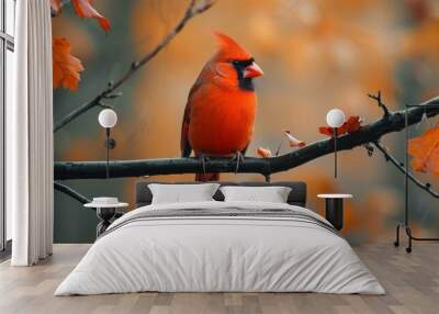 Vibrant red bird perched on lush green branch with colorful leaves in the background Wall mural