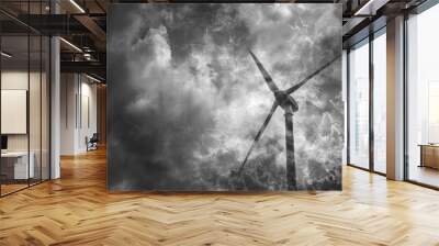 Vintage black and white wind turbine against sky Wall mural