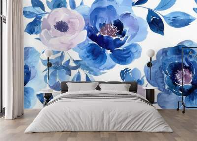 Watercolor peony in a seamless pattern with blue florals Wall mural