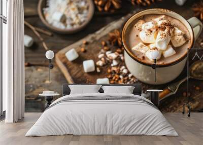 Wooden board with hot cocoa and mini marshmallows Wall mural