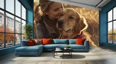 Young female owner in casual attire sitting and embracing her retriever dog with a red bandana gazing at each other lovingly conveying the concept of pet care Wall mural