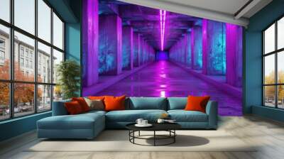 A 3D rendering depicting a neon-lit, laser purple and blue parking sci-fi futuristic alien spaceship corridor tunnel showroom hangar underground hallway basement Wall mural