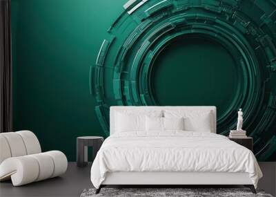 A futuristic circular design with intricate patterns in shades of green, set against a dark background, evoking technology and digital themes. Wall mural